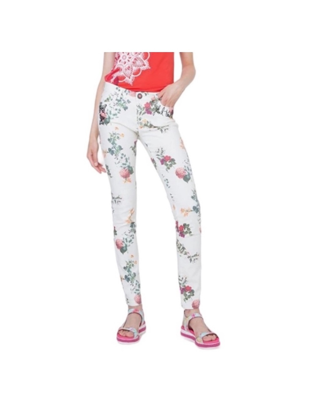Desigual whimsical white floral cotton embroidered bohemian jean pant size EU 44
